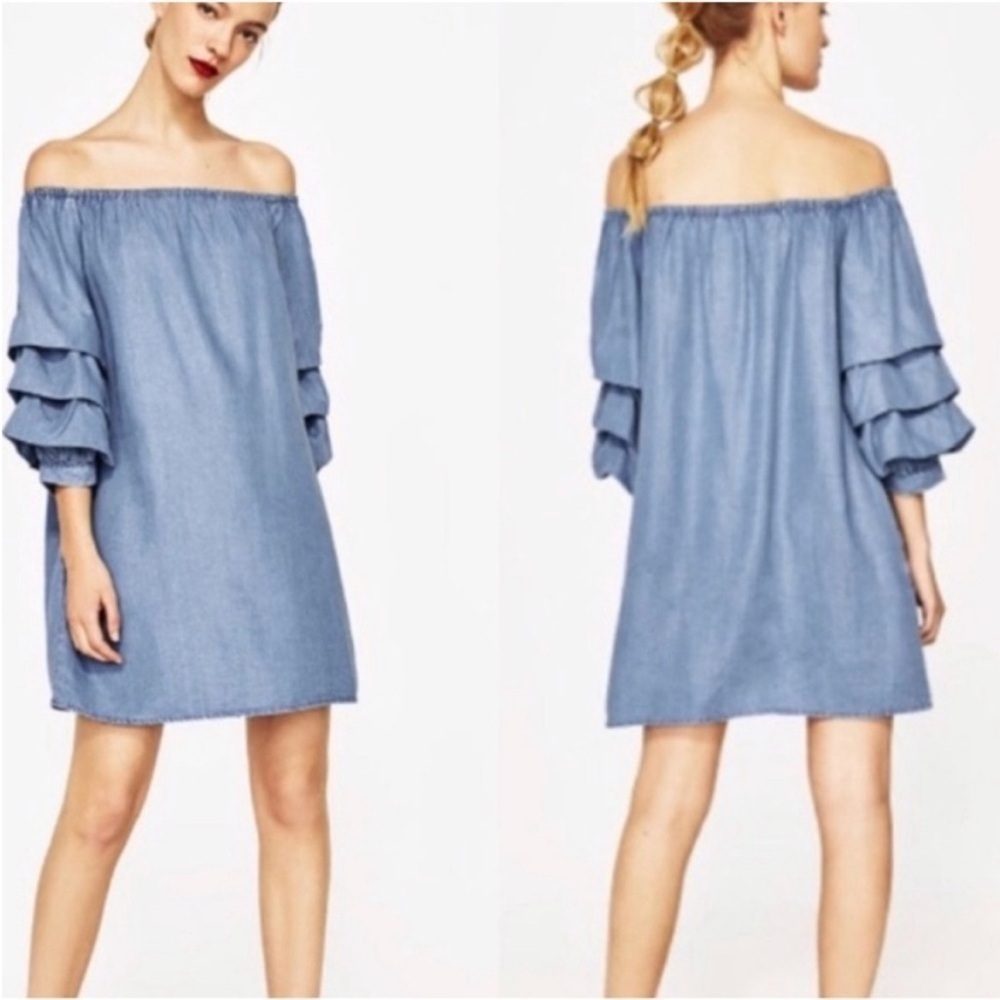 Zara Woman Soft Off The Shoulder Denim Flowing Puff Sleeves Dress